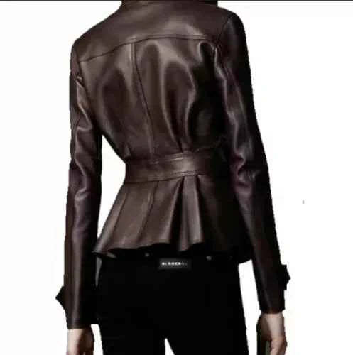 Mocha Finesse – Women's Chocolate Brown Peplum Leather Jacket