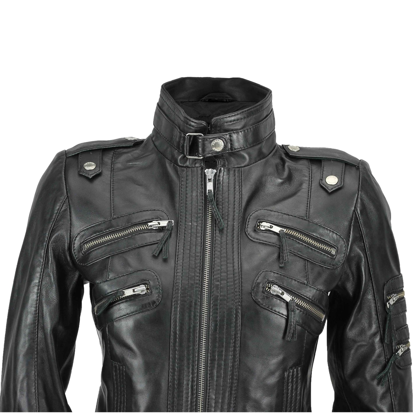 Ladies Women's Real Leather Slim Fit Soft Zip Biker Style Jacket