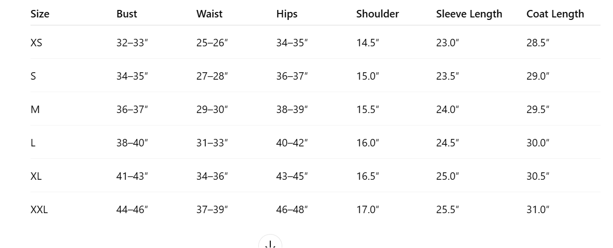 Size chart for Veloura Crest Women's Shearing Leather Coat with measurements in inches.