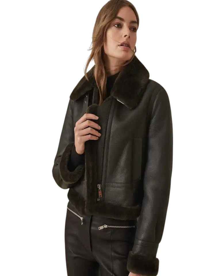 Noir Haven – Women's Shearling-Lined Cropped Aviator Jacket
