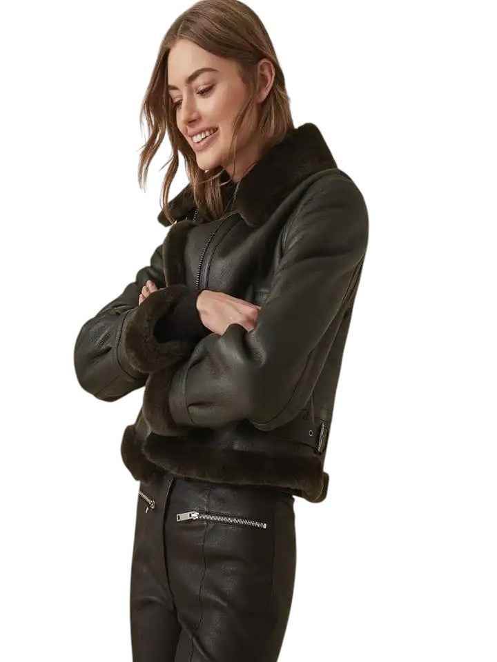 Noir Haven – Women's Shearling-Lined Cropped Aviator Jacket