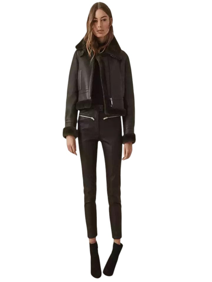 Noir Haven – Women's Shearling-Lined Cropped Aviator Jacket Luxequir Vogue