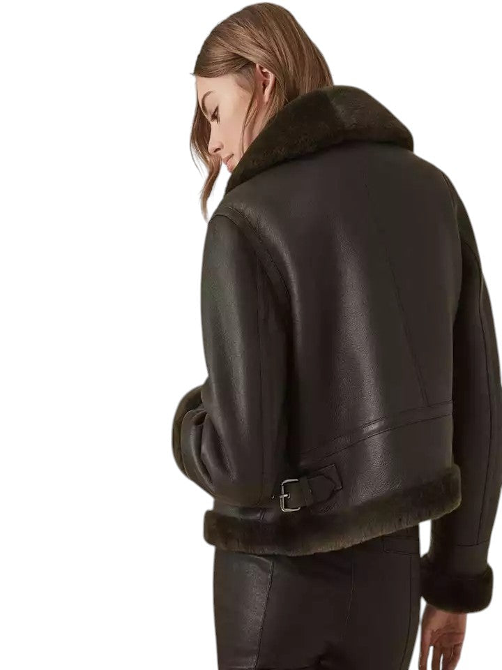 Noir Haven – Women's Shearling-Lined Cropped Aviator Jacket Luxequir Vogue