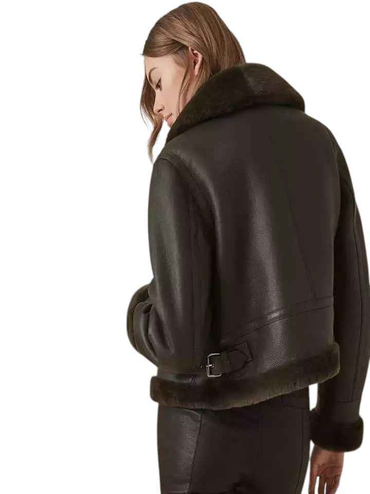 Noir Haven – Women's Shearling-Lined Cropped Aviator Jacket