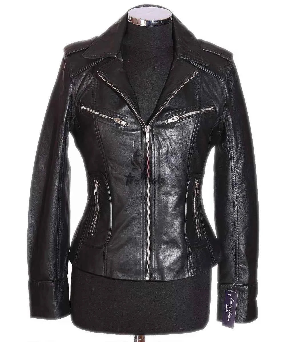 Luxequir-Ladies Leather Jacket Black Classic Fashion Real Leather Jacket