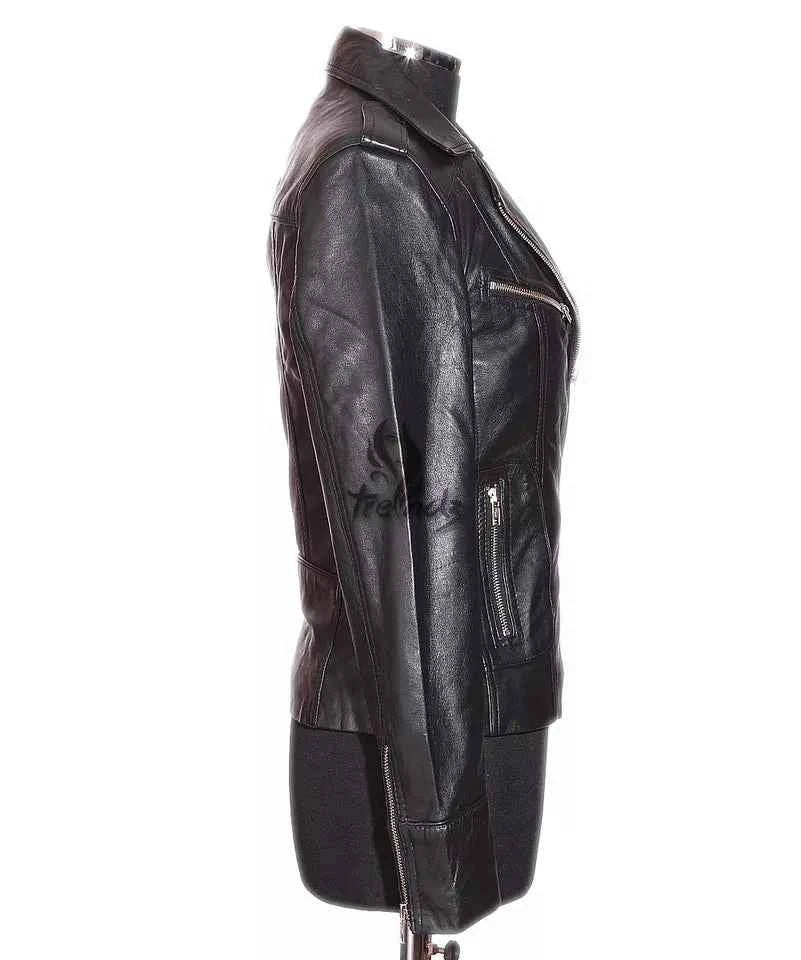 Luxequir-Ladies Leather Jacket Black Classic Fashion Real Leather Jacket