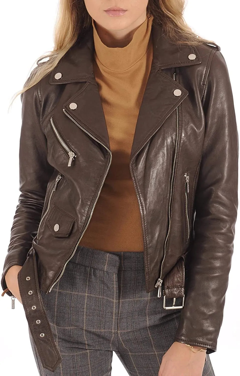 Front view of woman in chocolate brown lambskin biker jacket with belted waist