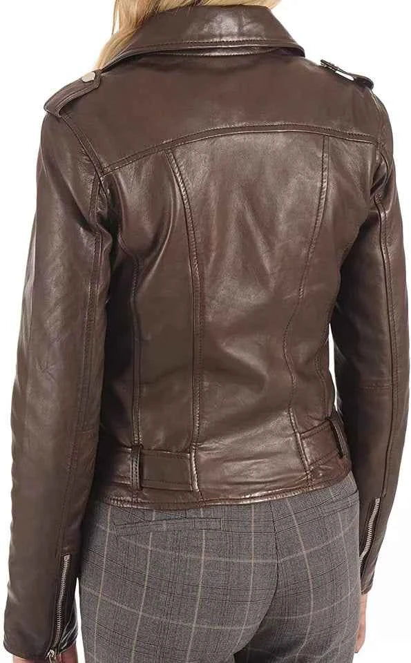 Rider Luxe – Women’s Belted Lambskin Biker Jacket in Chocolate Brown