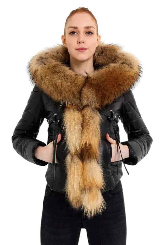 Royal Ember – Women’s Cropped Leather Jacket with Natural Faux Fur Collar