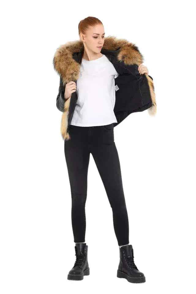 Royal Ember – Women’s Cropped Leather Jacket with Natural Faux Fur Collar