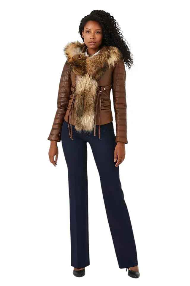 Royal Ember – Women’s Cropped Leather Jacket with Natural Faux Fur Collar