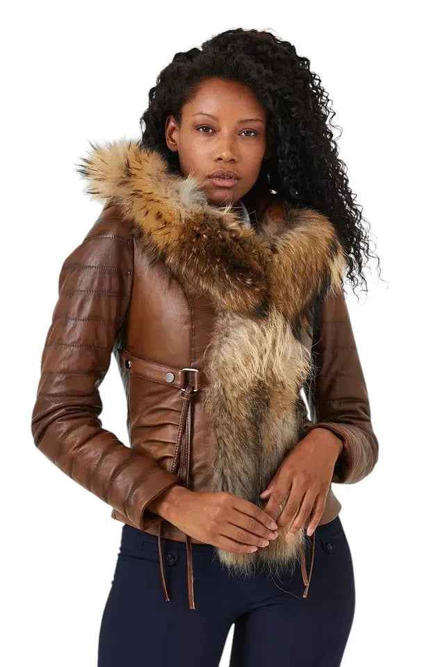 Royal Ember – Women’s Cropped Leather Jacket with Natural Faux Fur Collar