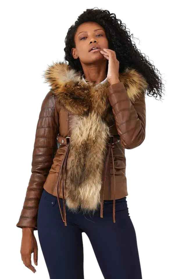 Royal Ember – Women’s Cropped Leather Jacket with Natural Faux Fur Collar