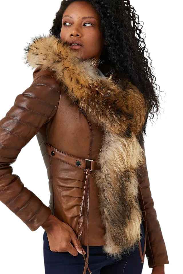 Royal Ember – Women’s Cropped Leather Jacket with Natural Faux Fur Collar