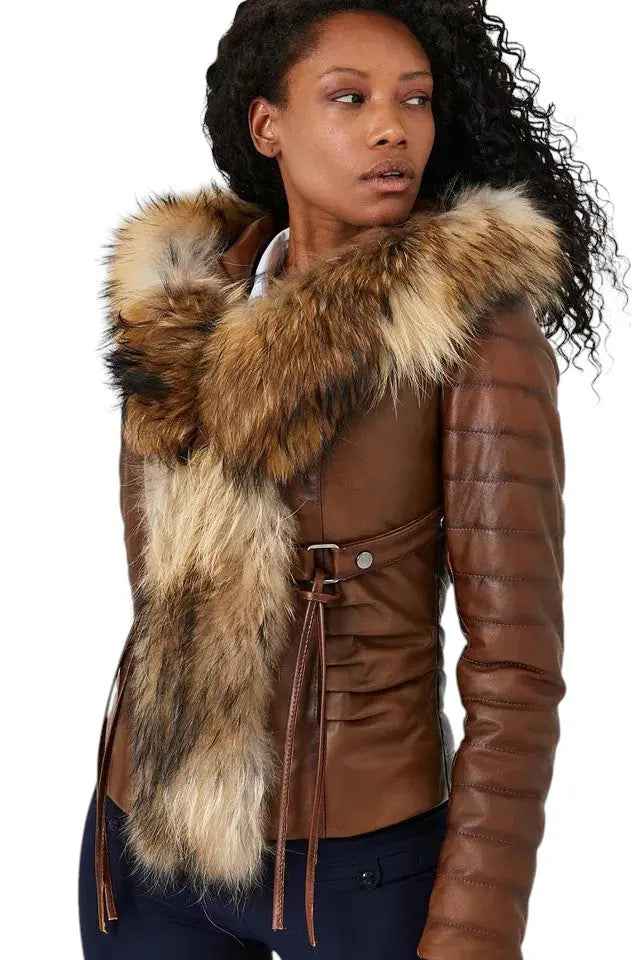 Royal Ember – Women’s Cropped Leather Jacket with Natural Faux Fur Collar