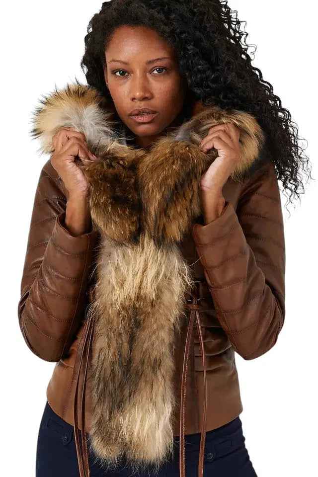 Royal Ember – Women’s Cropped Leather Jacket with Natural Faux Fur Collar