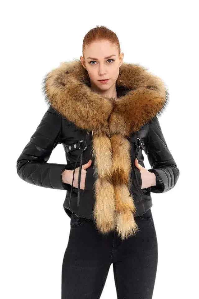 Royal Ember – Women’s Cropped Leather Jacket with Natural Faux Fur Collar