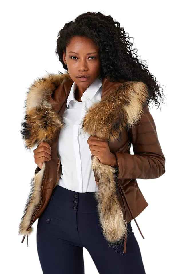 Royal Ember – Women’s Cropped Leather Jacket with Natural Faux Fur Collar