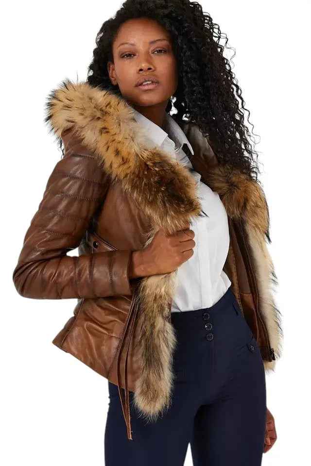 Royal Ember – Women’s Cropped Leather Jacket with Natural Faux Fur Collar