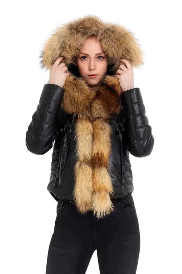 Royal Ember – Women’s Cropped Leather Jacket with Natural Faux Fur Collar