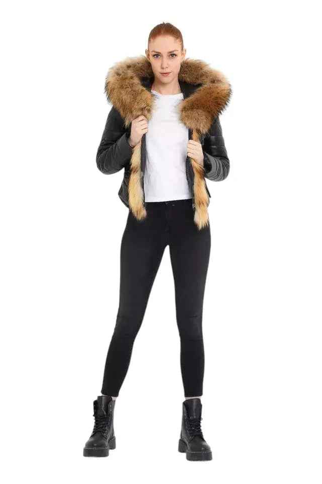 Royal Ember – Women’s Cropped Leather Jacket with Natural Faux Fur Collar