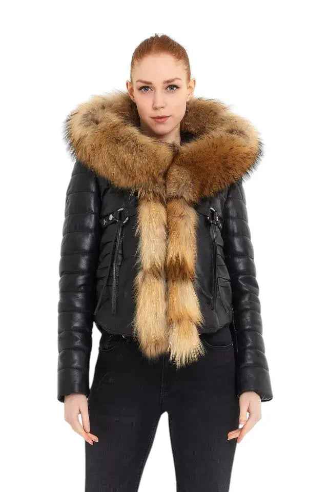 Royal Ember – Women’s Cropped Leather Jacket with Natural Faux Fur Collar