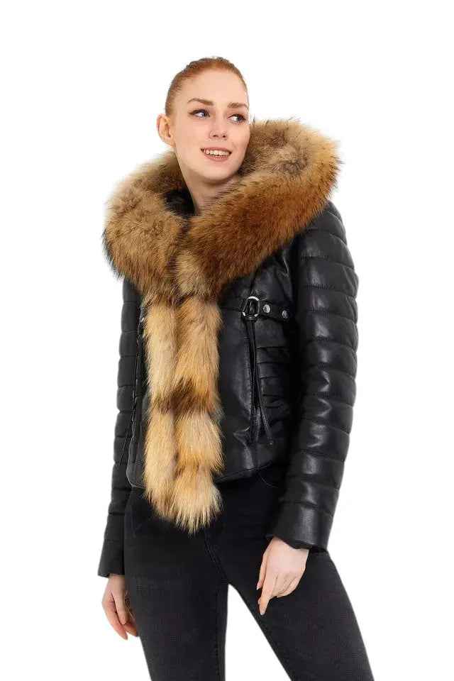 Royal Ember – Women’s Cropped Leather Jacket with Natural Faux Fur Collar