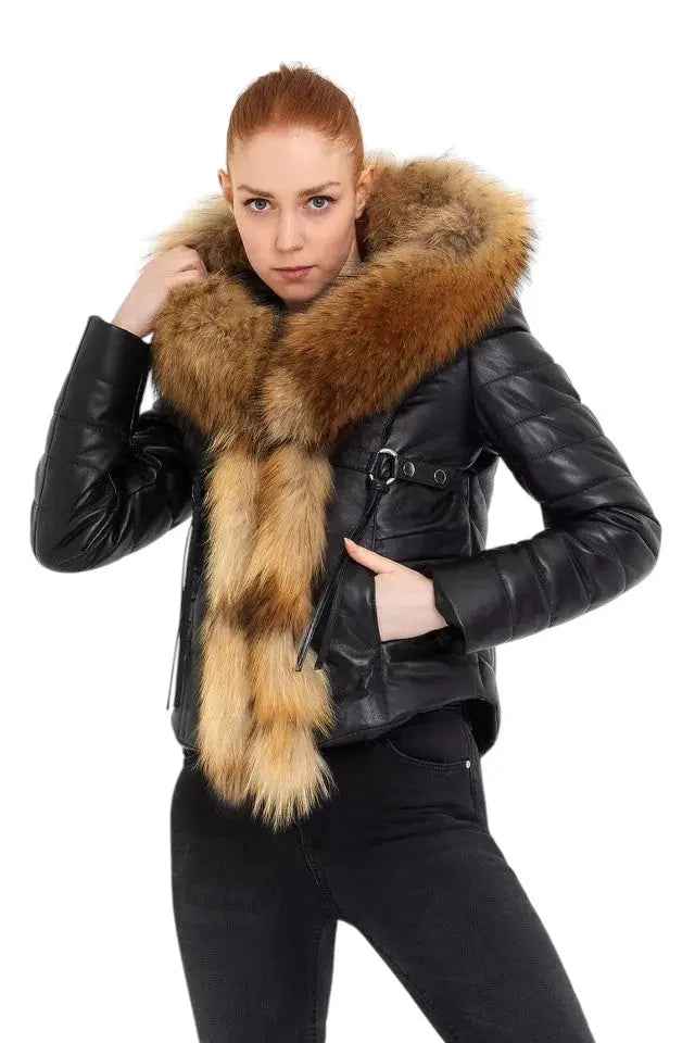 Royal Ember – Women’s Cropped Leather Jacket with Natural Faux Fur Collar