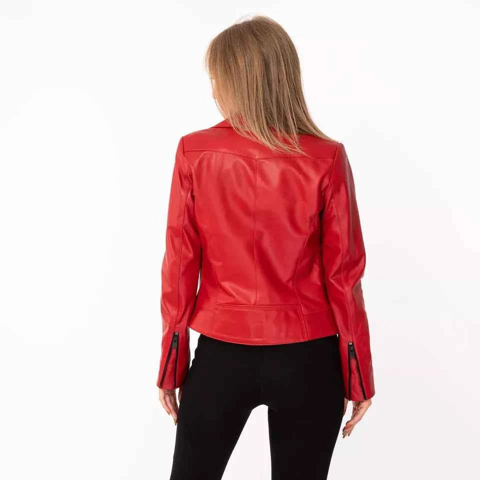 Luxequir-Collection Women's Red Leather Jacket 100% Real Lambskin Motor Biker Jacket
