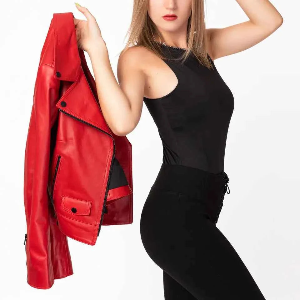 Luxequir-Collection Women's Red Leather Jacket 100% Real Lambskin Motor Biker Jacket