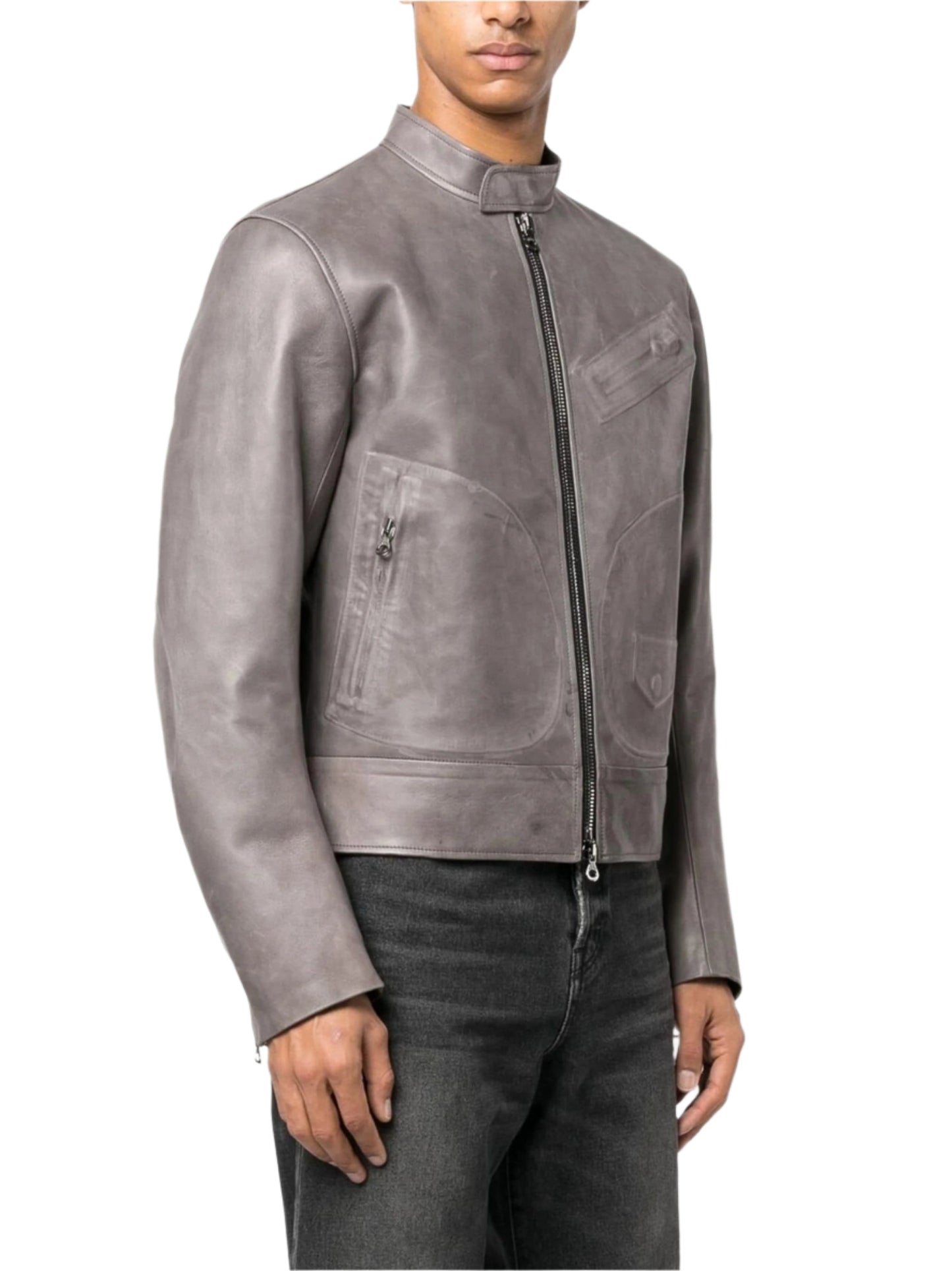 Slate Grey Racer – Luxe Zip-Up Leather Jacket Luxequir Vogue