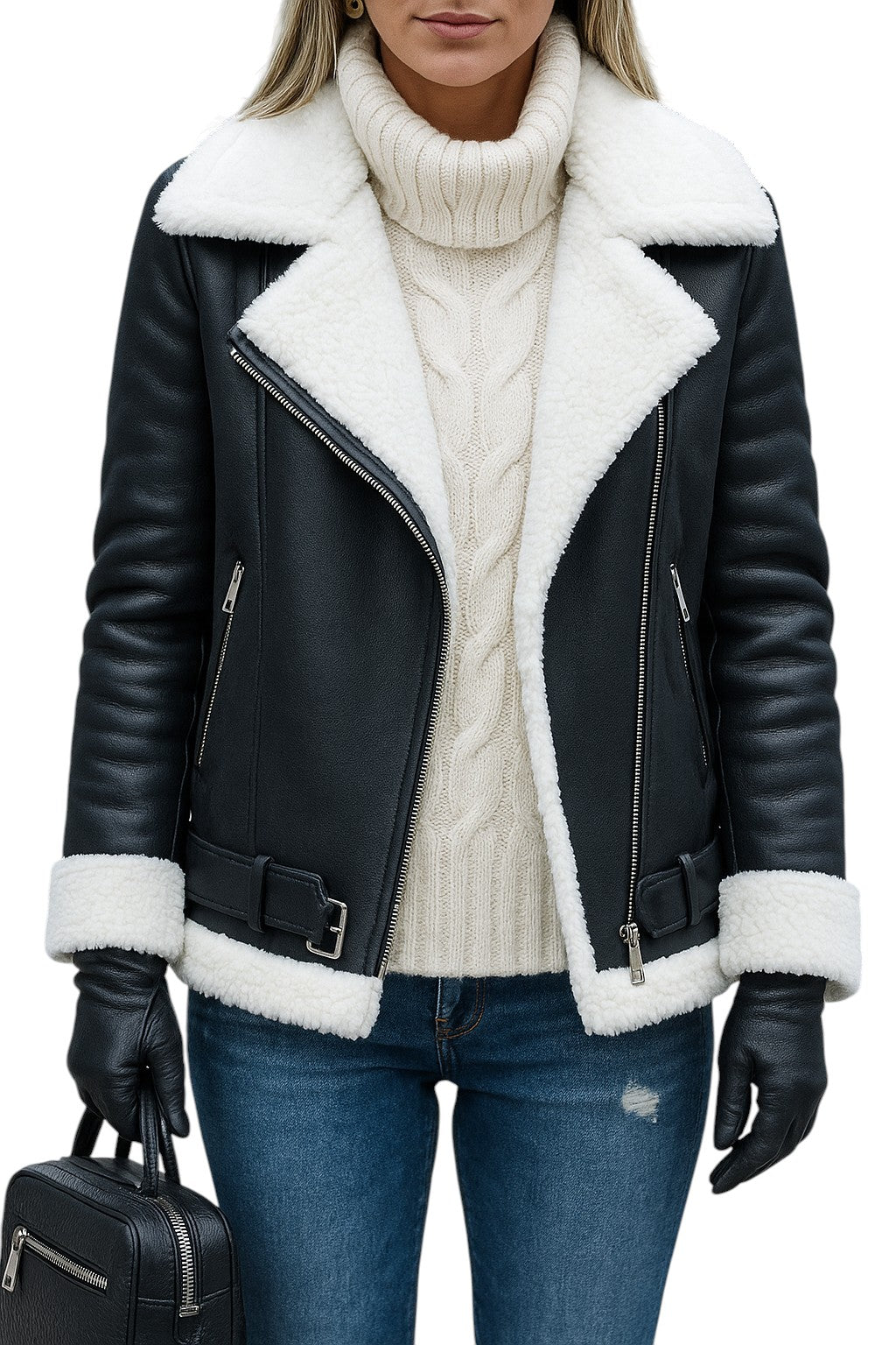 Snowbound Rebel – Women's Black Sheepskin Jacket with White Shearling Luxequir Vogue