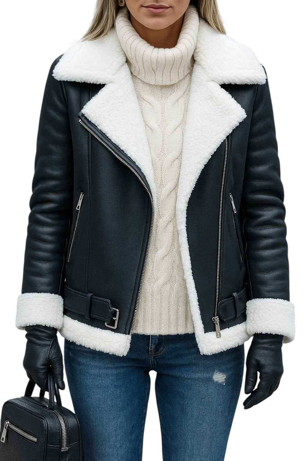 Snowbound Rebel – Women's Black Sheepskin Jacket with White Shearling