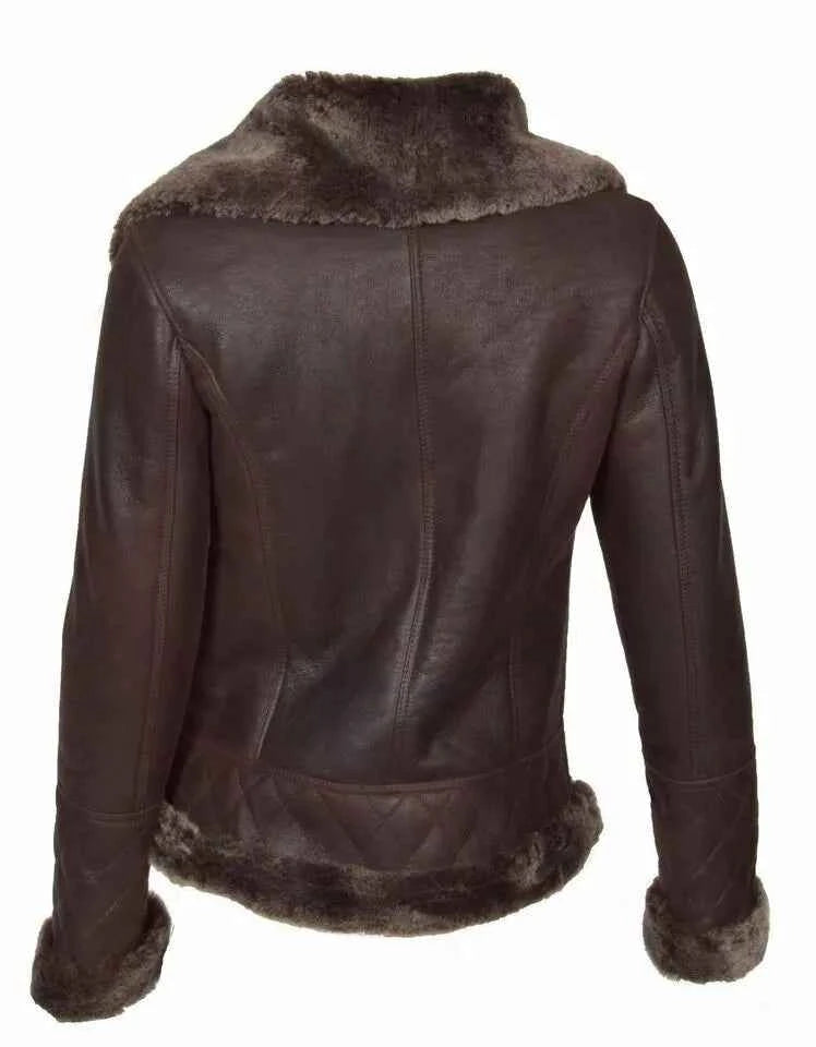 Luxequir-Collection Women Brown Genuine Lambskin Leather Jacket Bomber Fur Collar Coat