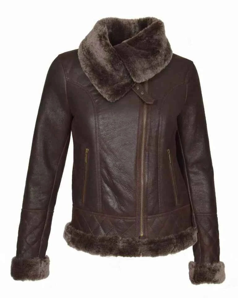 Luxequir-Collection Women Brown Genuine Lambskin Leather Jacket Bomber Fur Collar Coat