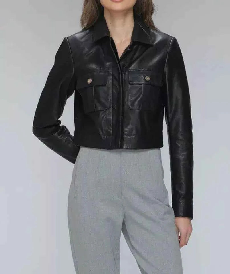 Luxequir-Collection Women Cropped Leather Jacket Women Casual Wear Genuine Black Leather Jacket