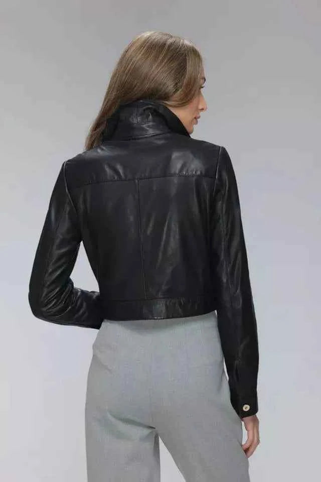 Luxequir-Collection Women Cropped Leather Jacket Women Casual Wear Genuine Black Leather Jacket