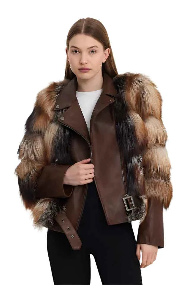 Nordic Luxe – Women's Genuine Lambskin Leather Jacket with Finland Fox Fur Trim