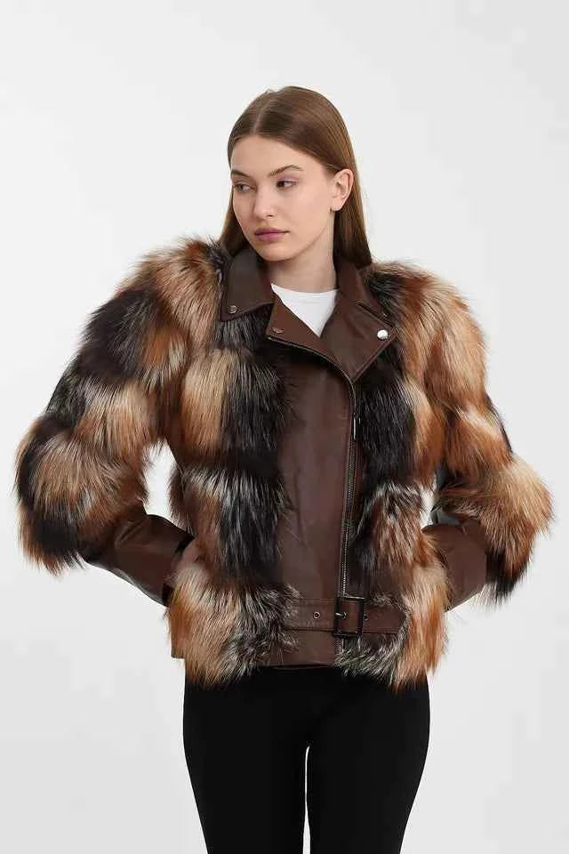 Nordic Luxe – Women's Genuine Lambskin Leather Jacket with Finland Fox Fur Trim