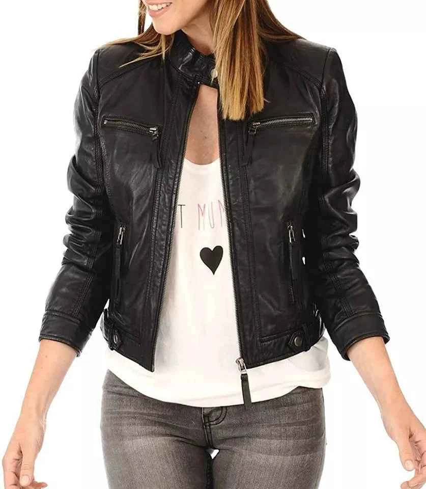 Midnight Racer – Women’s Slim-Fit Black Leather Biker Jacket