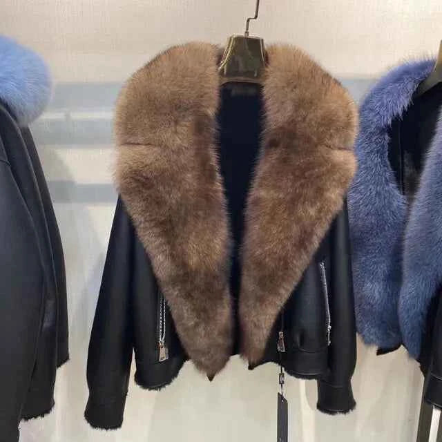 Frost Monarch – Women’s Shearling Leather Coat with Arctic Fox Fur Hood
