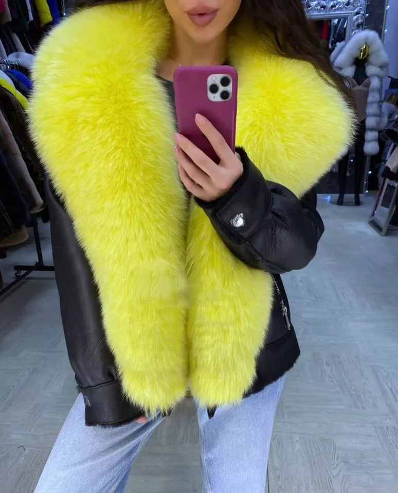 Frost Monarch – Women’s Shearling Leather Coat with Arctic Fox Fur Hood Luxequir Vogue