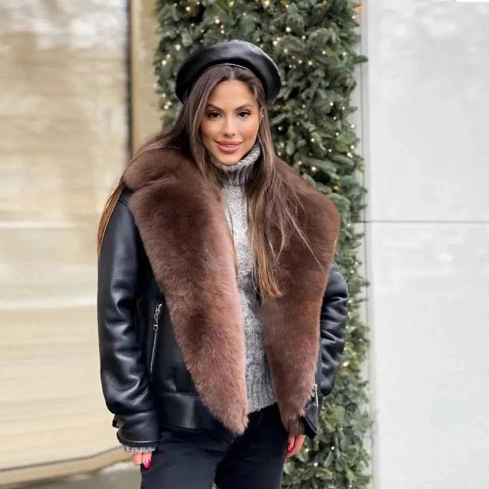 Frost Monarch – Women’s Shearling Leather Coat with Arctic Fox Fur Hood