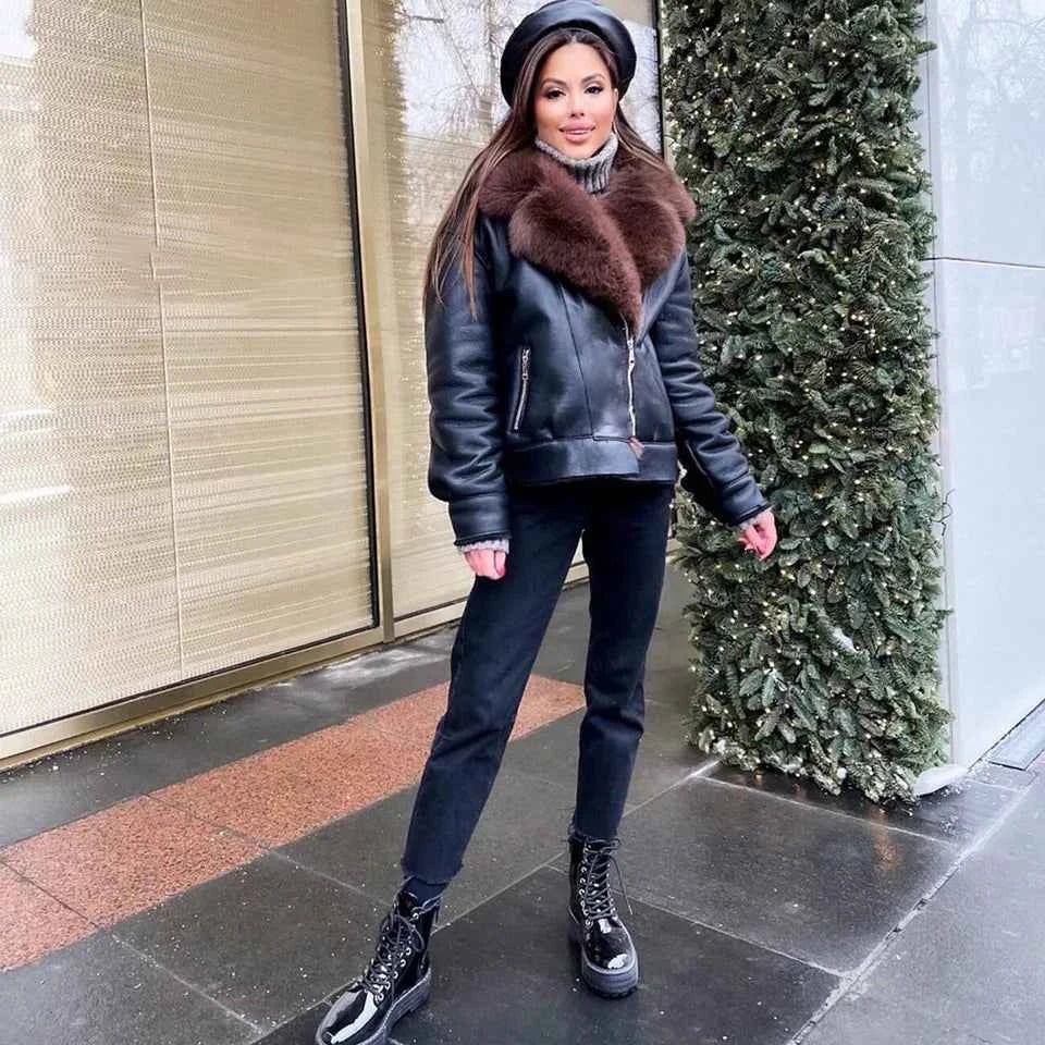 Frost Monarch – Women’s Shearling Leather Coat with Arctic Fox Fur Hood