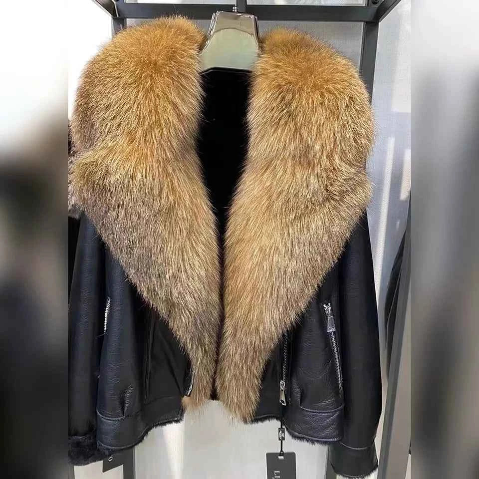 Frost Monarch – Women’s Shearling Leather Coat with Arctic Fox Fur Hood