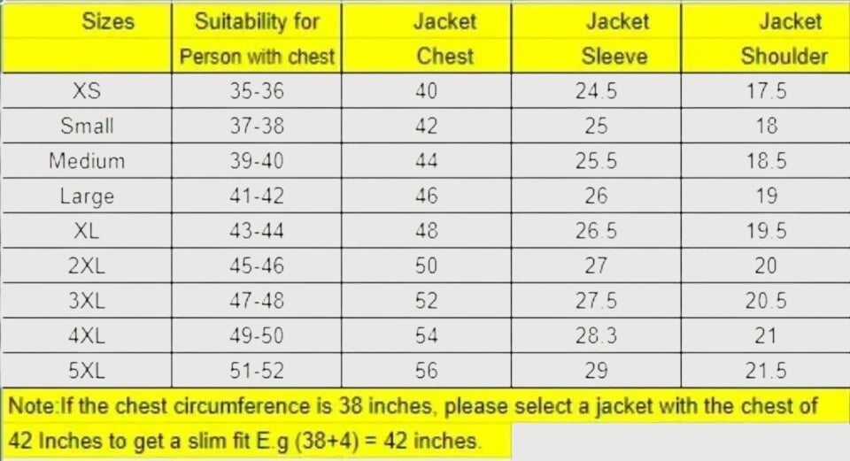 Luxequir Vogue size chart for men's aviator jacket showing chest, sleeve, and shoulder measurements in inches