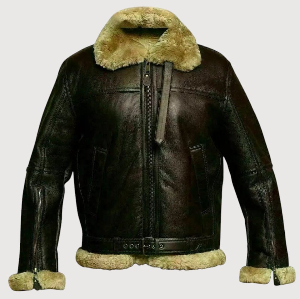 Luxequir Vogue Nomad shearling aviator jacket in dark brown leather with a thick beige shearling collar and lining.