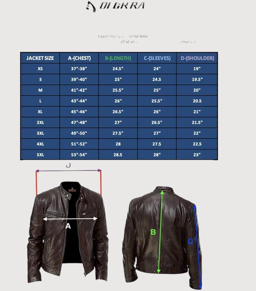 Luxequir Vogue Night Rider leather biker jacket size chart showing front and back views with measurement guides