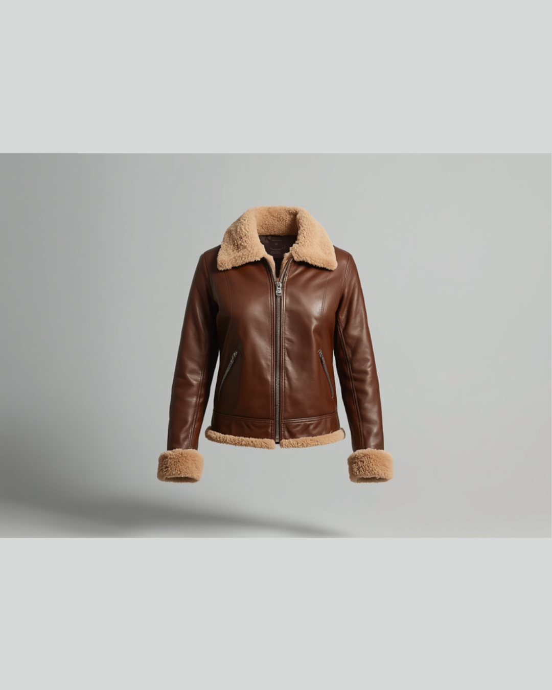 Women's brown shearling aviator jacket with cream collar, styled on a soft ash-white studio background