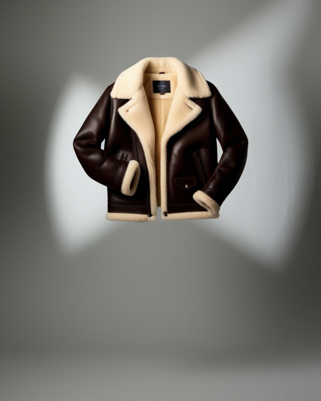 Dark brown shearling leather jacket with cream lining, floating product shot